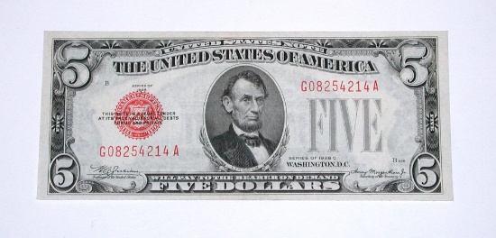 UNCIRCULATED 1928-C $5 RED SEAL UNITED STATES NOTE