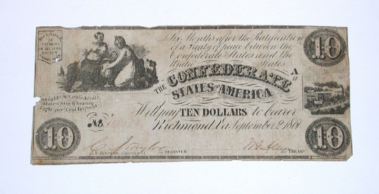 SEPT. 2, 1861 $10 CONFEDERATE NOTE - TYPE 28