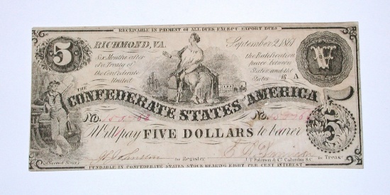 SEPT. 2, 1861 $5 CONFEDERATE NOTE - TYPE 36