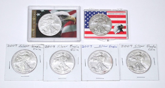 SIX (6) SILVER EAGLES - 2004, (4) 2007, 2009