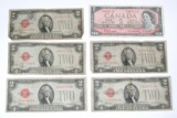 FIVE (5) SERIES 1928-D $2 NOTES + 1954 CANADA $2 NOTE