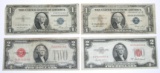TWO (2) 1935 $1 SILVER CERTIFICATES + 1928D & 1953A RED SEAL $2 NOTES