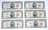 SIX (6) SERIES 1953 RED SEAL $5 NOTES