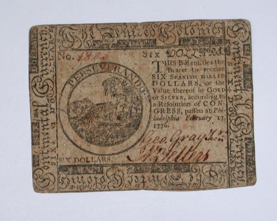 1776 CONTINENTAL CURRENCY - SIX DOLLARS