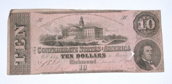 CONFEDERATE NOTE - DECEMBER 2, 1862 - $10