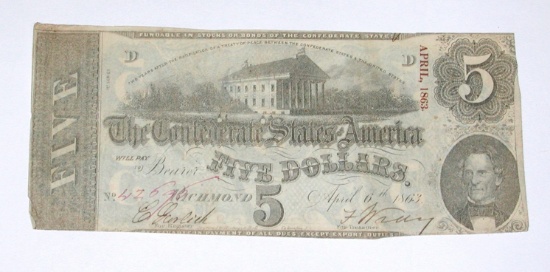 CONFEDERATE NOTE - APRIL 6, 1863 - $5