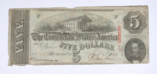 CONFEDERATE NOTE - APRIL 6, 1863 - $5