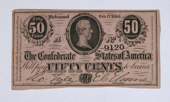 CONFEDERATE NOTE - FEBRUARY 17, 1864 - FIFTY CENTS