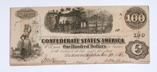 CONFEDERATE NOTE - SEPTEMBER 12, 1862 - $100