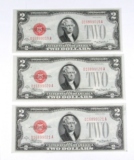 THREE (3) CONSECUTIVE 1928-D RED SEAL $2 NOTES