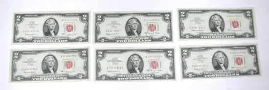 SIX (6) 1963 RED SEAL $2 NOTES
