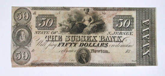 SUSSEX BANK, NEW JERSEY - $50 NOTE - UNISSUED