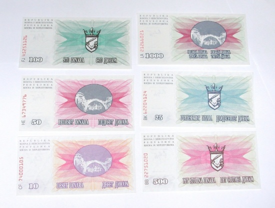 BOSNIA HERZEGOVINA - SIX (6) 1992 NOTES