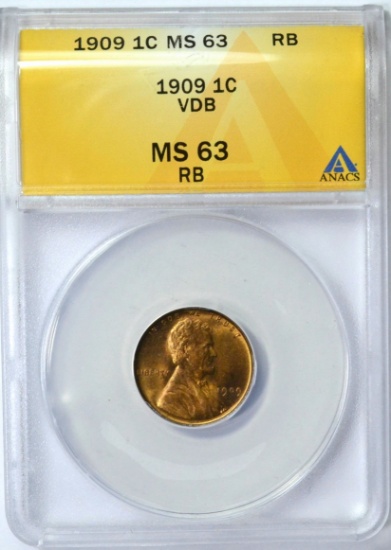 1909 VDB LINCOLN CENT - ANACS MS63 RB