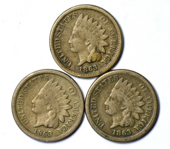 THREE (3) 1863 INDIAN CENTS