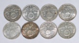 GERMANY - EIGHT (8) NAZI-ERA SILVER FIVE REICHSMARKS