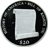 LIBERIA - 2000 $20 HISTORY of AMERICA - BILL of RIGHTS - .999 FINE, 20 GRAMS
