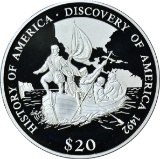 LIBERIA - 2000 $20 HISTORY of AMERICA - DISCOVERY of AMERICA - .999 FINE, 20 GRAMS