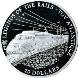 LIBERIA - 2001 $20 LEGENDS of the RAILS - TGV ATLANTIQUE - .999 FINE, 20 GRAMS