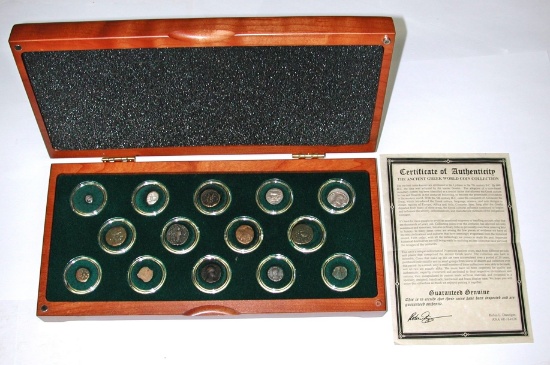 14 ANCIENT COINS in WOODEN DISPLAY BOX