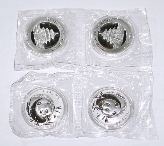 CHINA - FOUR (4) 2003 SILVER PANDAS in ORIGINAL PLASTIC