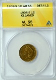 1908-S INDIAN CENT - ANACS AU55 DETAILS CLEANED