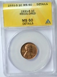 1931-S LINCOLN CENT - ANACS MS60 DETAILS RECOLORED