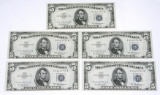 FIVE (5) CONSECUTIVE UNCIRCULATED 1953-A $5 SILVER CERTIFICATES