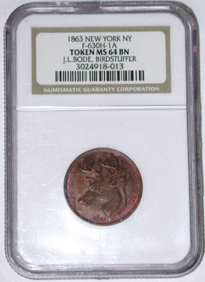 1863 STORE CARD - J.L. BODE BIRDSTUFFER, NEW YORK - NGC MS64 BN