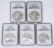 FIVE (5) NGC GRADED UNCIRCULATED SILVER EAGLES - 2008, (2) 2009, 2010, 2012