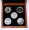 FIVE (5) ONE OUNCE SILVER COINS in WOOD BOX - US, CANADA, CHINA, ETC.