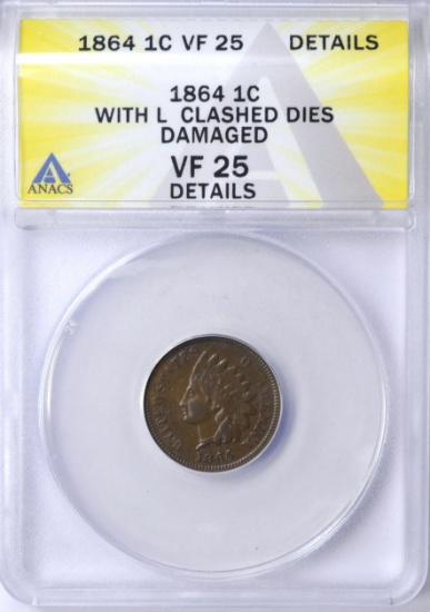 1864-L INDIAN CENT - CLASHED DIES - ANACS VF25 DETAILS DAMAGED