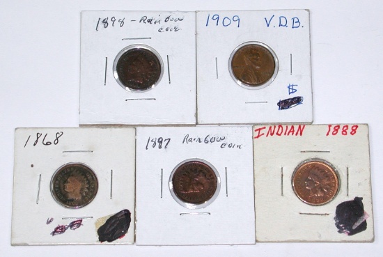 FIVE (5) SMALL CENTS - 1868, 1887, 1888, 1898, 1909 VDB