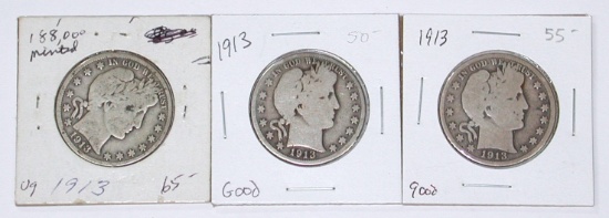 THREE (3) 1913 BARBER HALVES