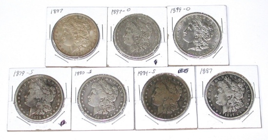 SEVEN (7) MORGAN DOLLARS - 1879-S, 1880-S, 1884-S, 1887, 1897, 1897-O, 1899-O