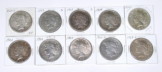 TEN (10) CIRCULATED PEACE DOLLARS - 1922 to 1935