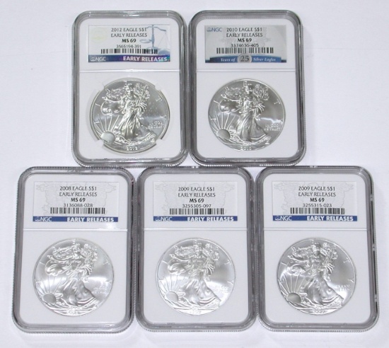 FIVE (5) NGC GRADED UNCIRCULATED SILVER EAGLES - 2008, (2) 2009, 2010, 2012