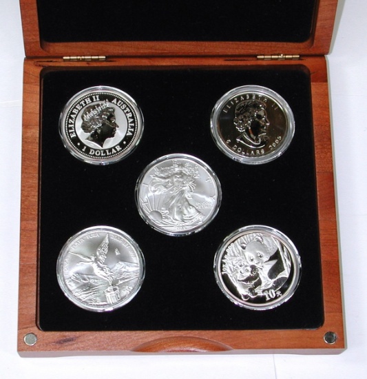 FIVE (5) ONE OUNCE SILVER COINS in WOOD BOX - US, CANADA, CHINA, ETC.