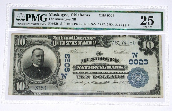 1902 $10 NATIONAL NOTE - MUSKOGEE, OKLAHOMA - PMG VF 25