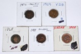 FIVE (5) SMALL CENTS - 1868, 1887, 1888, 1898, 1909 VDB