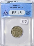 1867 SHIELD NICKEL WITH RAYS - ANACS EF45 - STRONGLY DOUBLED DATE