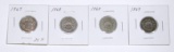 FOUR (4) SHIELD NICKELS - 1867, (2) 1868, 1869