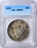 1922 PEACE DOLLAR - ICG MS64+ - DEEPLY TONED OBVERSE