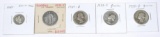 (1) BARBER DIME, (1) STANDING LIBERTY QUARTER, (3) SILVER WASHINGTON QUARTERS