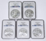 FIVE (5) NGC GRADED UNCIRCULATED SILVER EAGLES - 2008, (2) 2009, 2010, 2012