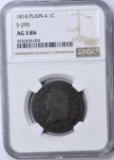 1814 PLAIN 4 LARGE CENT - S-295 - NGC AG3