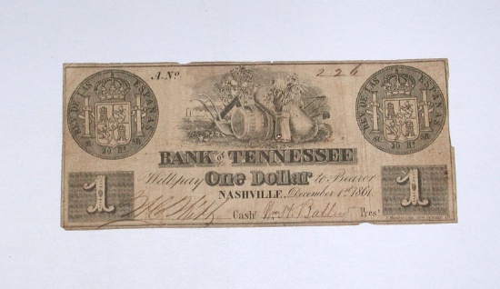 RARE 1861 BANK of TENNESSEE (NASHVILLE) $1 "PILLAR" NOTE