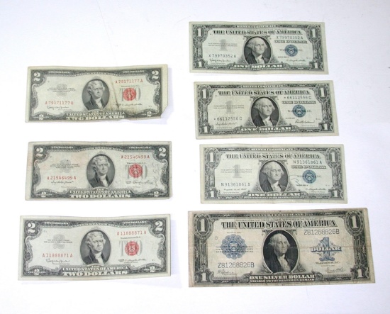 FOUR (4) $1 SILVER CERTIFICATES + (3) RED SEAL $2 NOTES