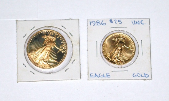 1986 PROOF 1 OZ GOLD EAGLE + 1986 UNC 1/2 OZ GOLD EAGLE