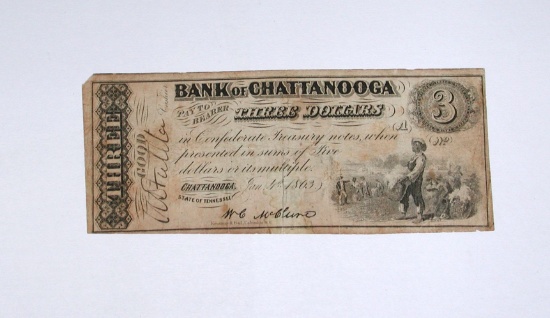 RARE 1863 BANK of CHATTANOOGA $3 NOTE - BLACK COTTON PICKERS